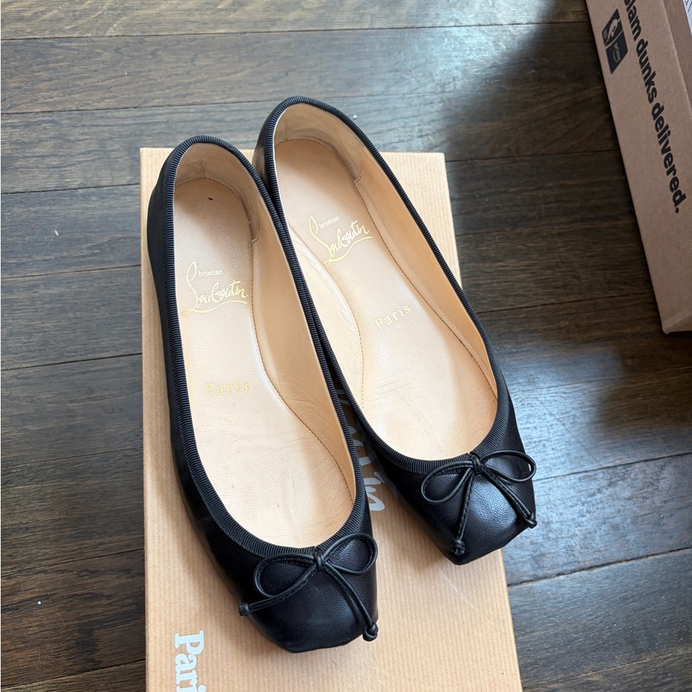 Christian Louboutin Black Leather Ballet Flats with Bow Accent